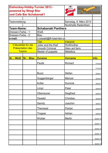 Team-Name: Schabanakl Panthers Eishockey-Hobby-Turnier 2013 ...