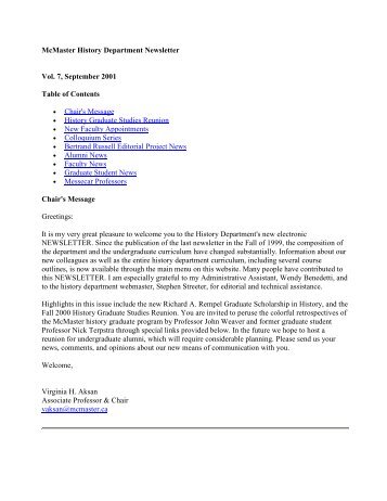 McMaster History Department Newsletter Vol. 7, September 2001 ...