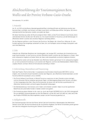 Absichtserklärung der Tourismusregionen Bern, Wallis und ... - BLS