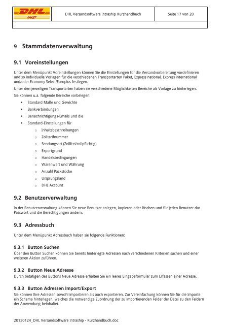 DHL Versandsoftware Intraship Kurzhandbuch