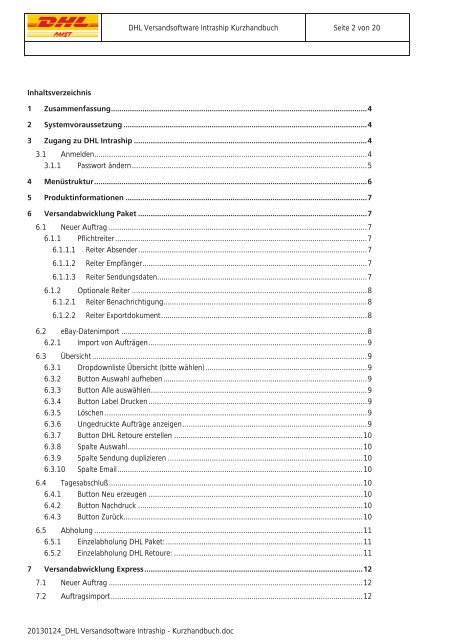 DHL Versandsoftware Intraship Kurzhandbuch