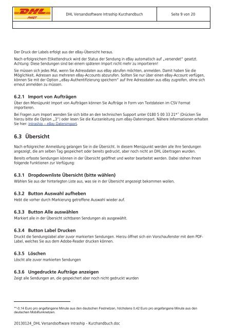 DHL Versandsoftware Intraship Kurzhandbuch