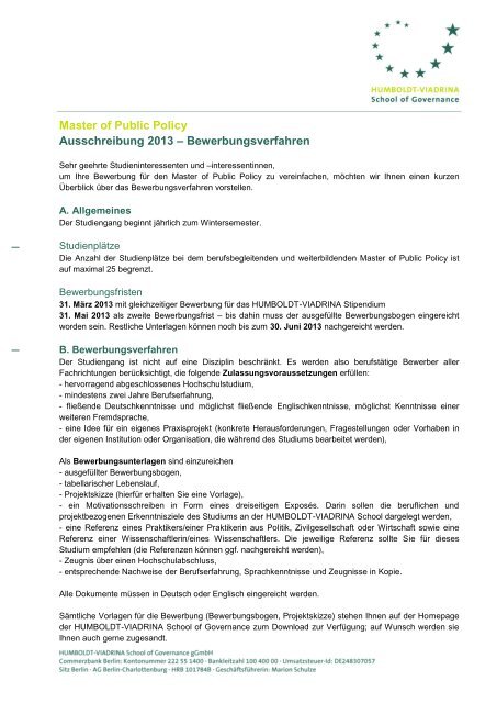 Master of Public Policy Ausschreibung 2013 â Bewerbungsverfahren