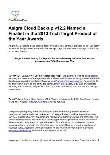 Asigra Cloud Backup v12.2 Named a Finalist in the  2013 TechTarget Product of the Year Awards.pdf