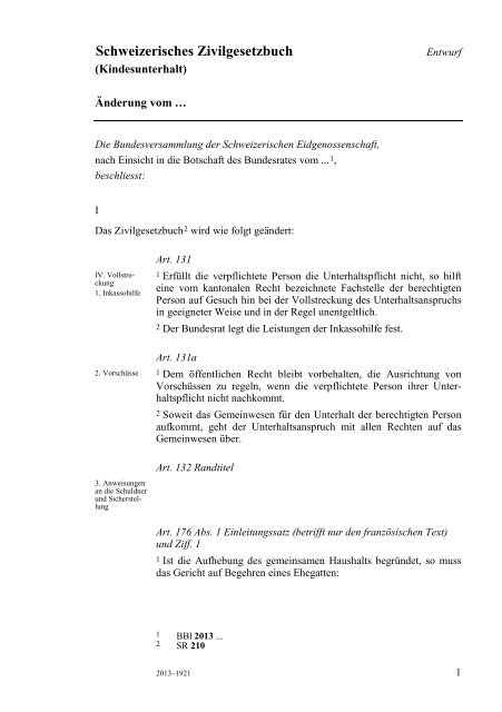 Schweizerisches Zivilgesetzbuch (Kindesunterhalt) - EJPD