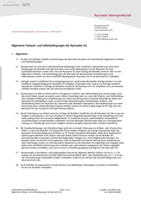 Allgemeine Verkaufs Und Lieferbedingungen Der Raymaster Ag