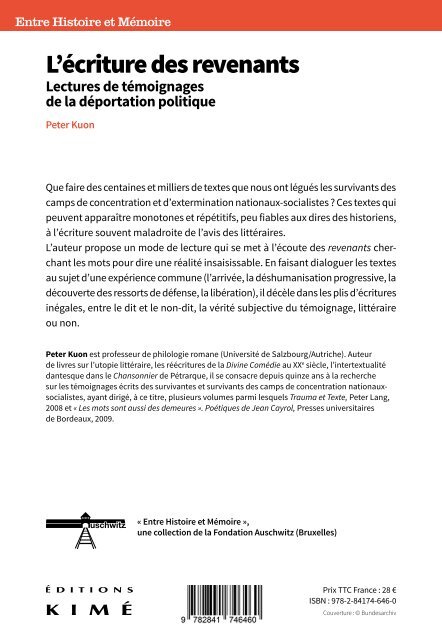 Peter Kuon, L'écriture des revenants. Lecture de témoignages de la déportation politique.