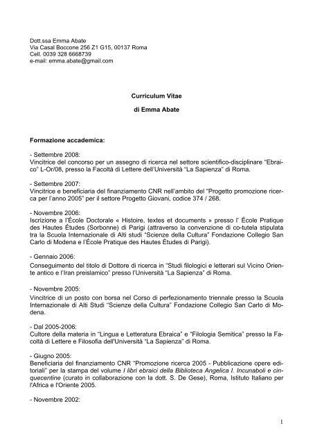 Curriculum Vitae di Emma Abate Formazione accademica ...