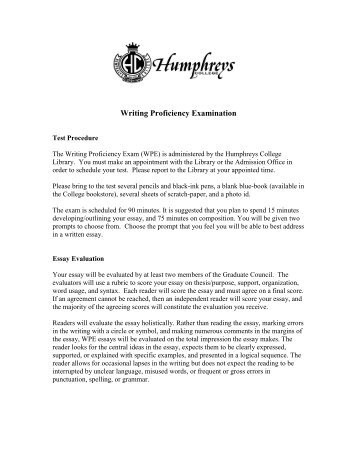 Writing Proficiency Examination - Humphreys College