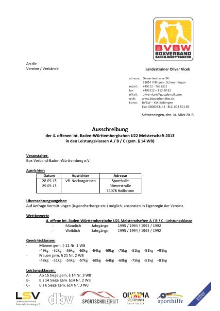 Ausschreibung BW U22 2013 - Boxverband Baden-Württemberg