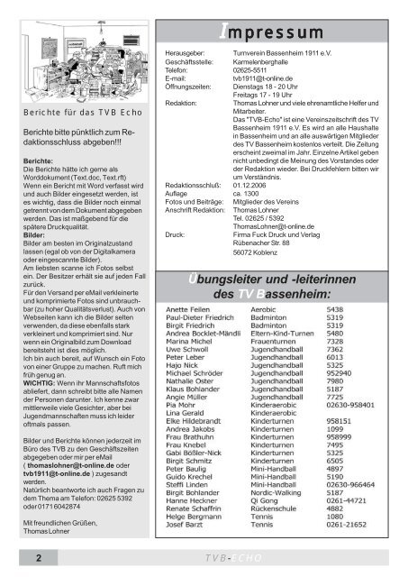 Inserenten im TVB-Echo 1 / 2006 - TV-Bassenheim 1911