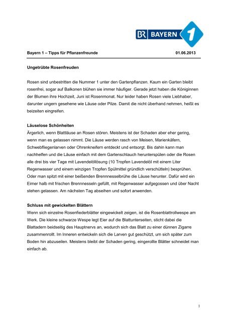 Rosen - Tipps für Pflanzenfreunde - Bayern 1 - 01.06.2013