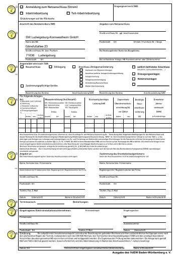 Anmeldung- Inbetriebsetzungsformular in der Ausgabe des VdEW ...