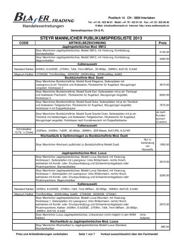 Steyr Mannlicher Publikumspreisliste 2013 - waffenmarkt.ch