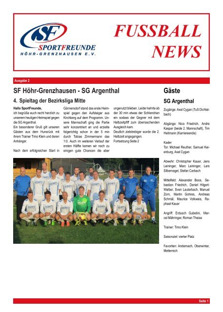 SF H ¨ohr-Grenzhausen - SG Argenthal G¨aste - Heimspiel-Zeitung