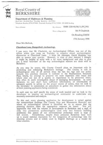 Letter from Berkshire CC to Hungerford Mayor summarising the dig