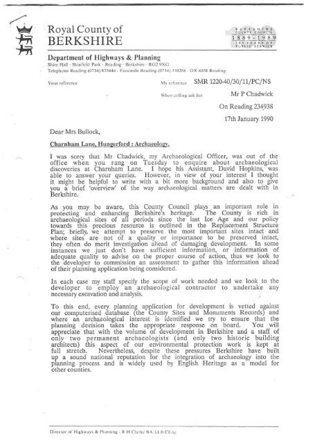 Letter from Berkshire CC to Hungerford Mayor summarising the dig