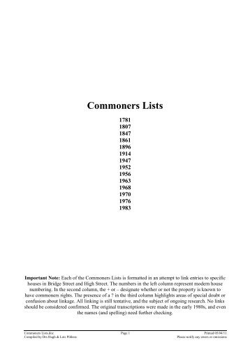 Transcriptions of Commoners' Lists - Hungerford Virtual Museum