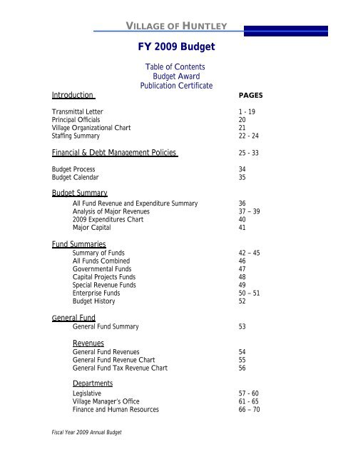 2009 Annual Operating and Capital Budget - Village of Huntley