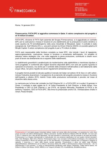 Finmeccanica: FATA EPC si aggiudica commessa in Qatar