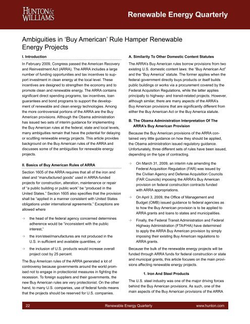 Hunton & Williams Renewable Energy Quarterly, September 2009