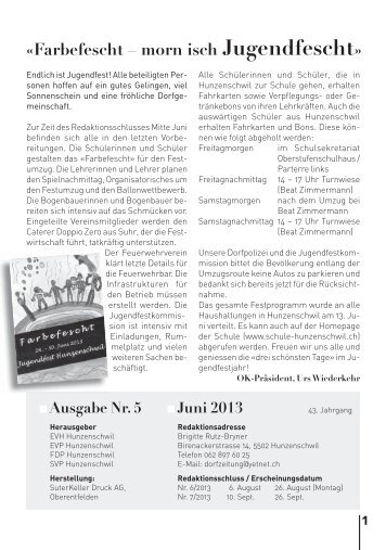 Die aktuellste Ausgabe der Dorfzeitung kann hier ... - Hunzenschwil