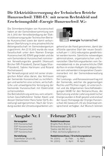 1 Ausgabe Nr. 1 Februar 2013 - Hunzenschwil