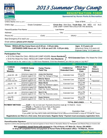 2013 Summer Day Camp REGISTRATION FORM - City of Huron Ohio