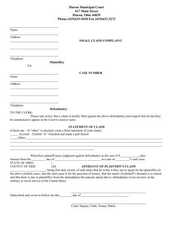 Small Claims Complaint Form - City of Huron Ohio