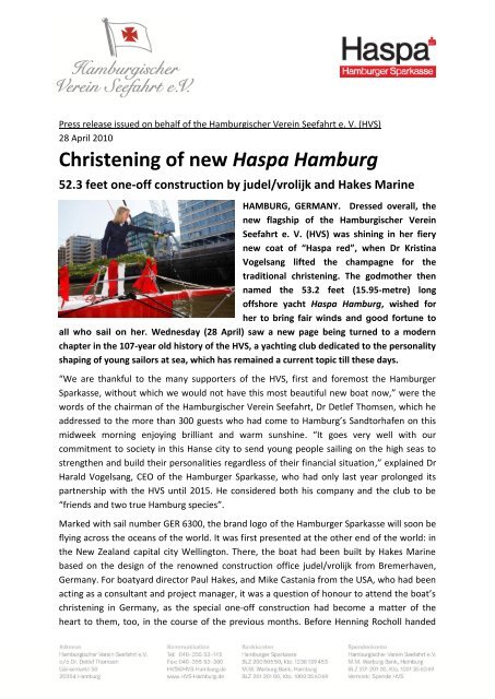 Christening of new Haspa Hamburg - Hamburgischer Verein Seefahrt