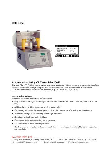 Data Sheet Automatic Insulating Oil Tester DTA 100 E