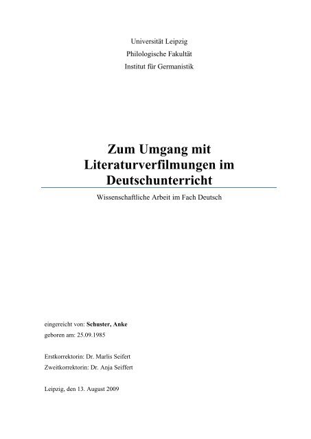 Zum Umgang mit Literaturverfilmungen im Deutschunterricht ...