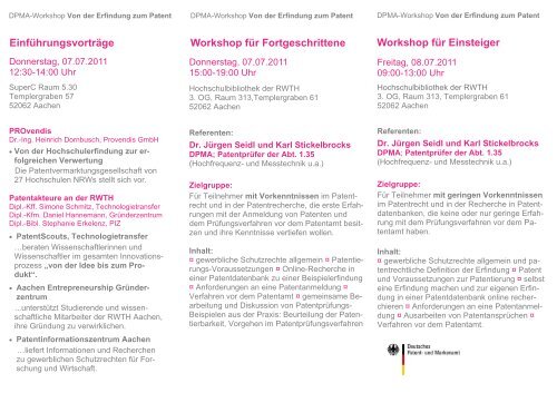 07.-08.07.2011 „Von der Erfindung zum Patent“ Workshop mit ...