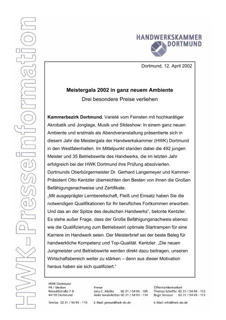 Meistergala 2002 in ganz neuem Ambiente Drei besondere Preise ...