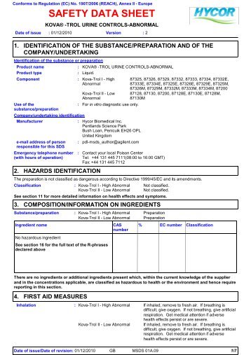 SDS KOVA-Trol Urine Controls ... - Hycor Biomedical