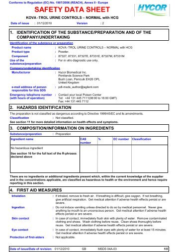 SDS KOVA-Trol Urine Controls-Normal with ... - Hycor Biomedical