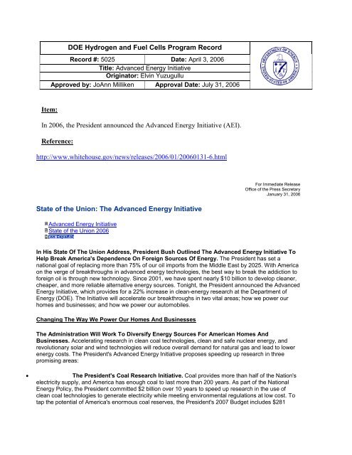 Advanced Energy Initiative - DOE Hydrogen and Fuel Cells Program ...