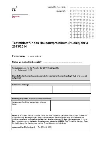 Testatblatt fÃ¼r das Hausarztpraktikum Studienjahr 3 2013/2014