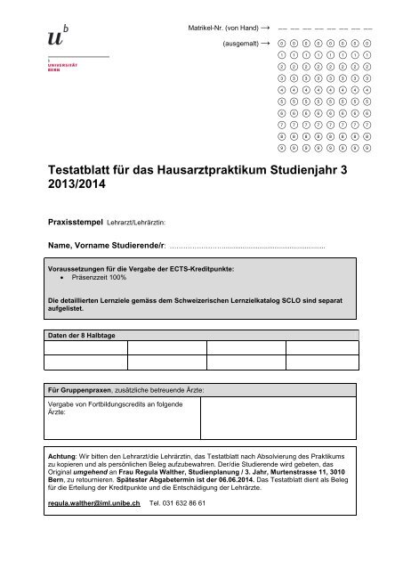 Testatblatt fÃ¼r das Hausarztpraktikum Studienjahr 3 2013/2014