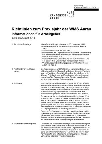 Richtlinien zum Praxisjahr der WMS Aarau - Alte Kantonsschule Aarau