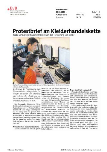 Protestbrief an Kleiderhandelskette - ErklÃ¤rung von Bern