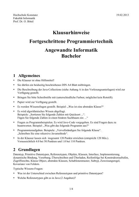 Klausurhinweise Fortgeschrittene Programmiertechnik Angewandte ...