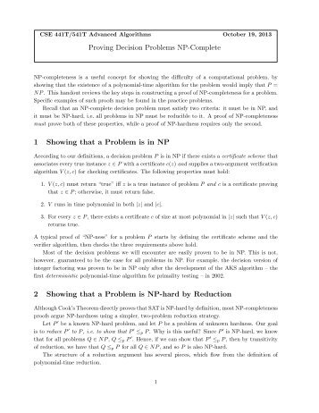 Proving Decision Problems NP-Complete 1 Showing that a Problem ...