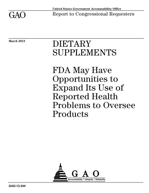 Dietary supplements: FDA may have opportunities to expand its use
