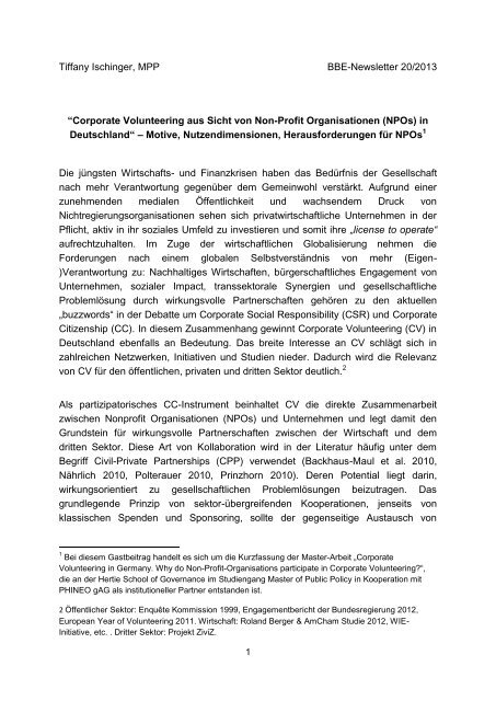 Corporate Volunteering aus Sicht von Non-Profit Organisationen - BBE