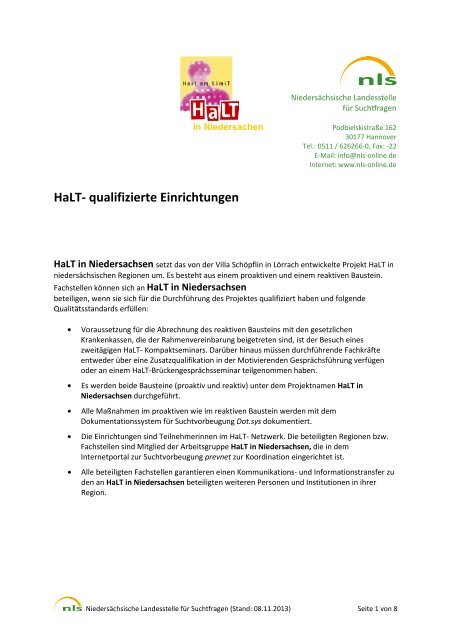 Liste der qualifizierten HaLT-Einrichtungen - NLS