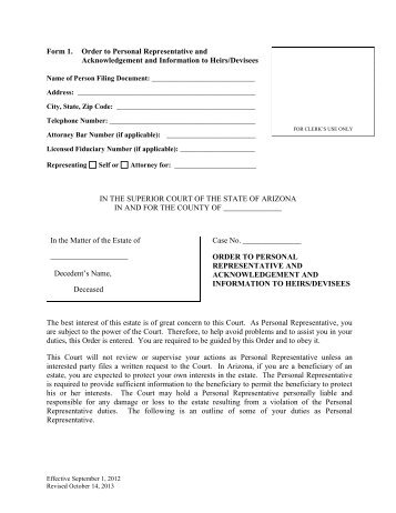 Form 1. Order to Personal Representative and Acknowledgement ...