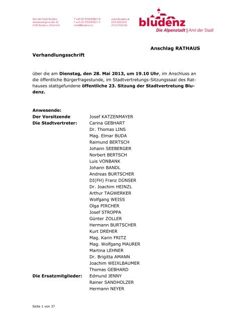 Niederschrift Stadtvertretung vom 28.05.2013 - Stadt Bludenz