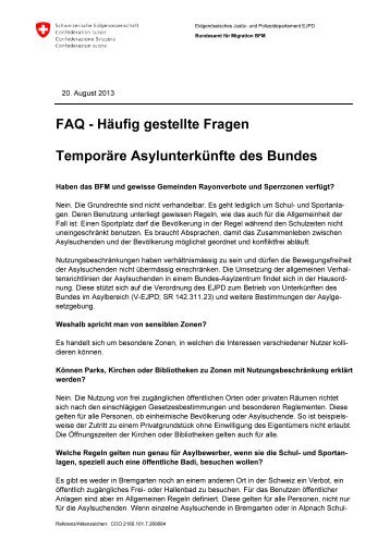 FAQ - HÃ¤ufig gestellte Fragen TemporÃ¤re AsylunterkÃ¼nfte ... - EJPD