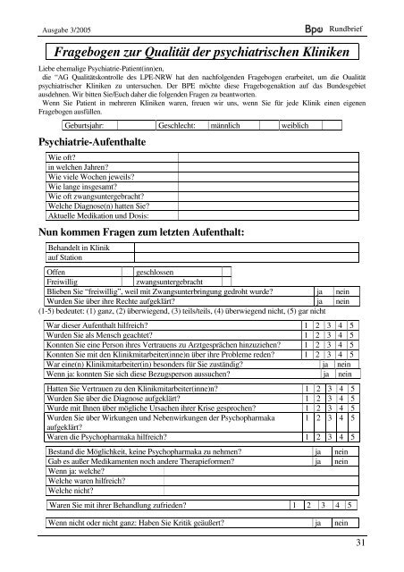 Fragebogen zur Qualität der psychiatrischen Kliniken